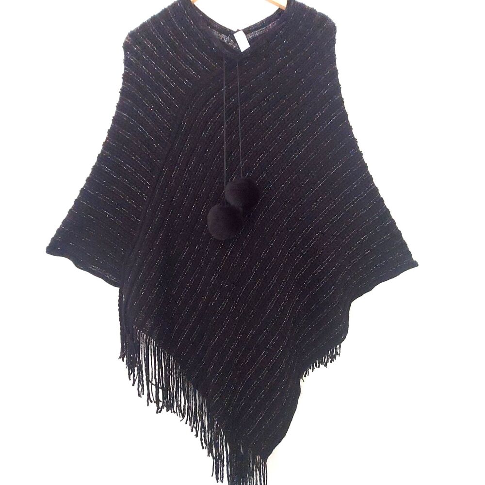 Just Be Black Knit Poncho Fringe PomPoms Metallic Thread O/S